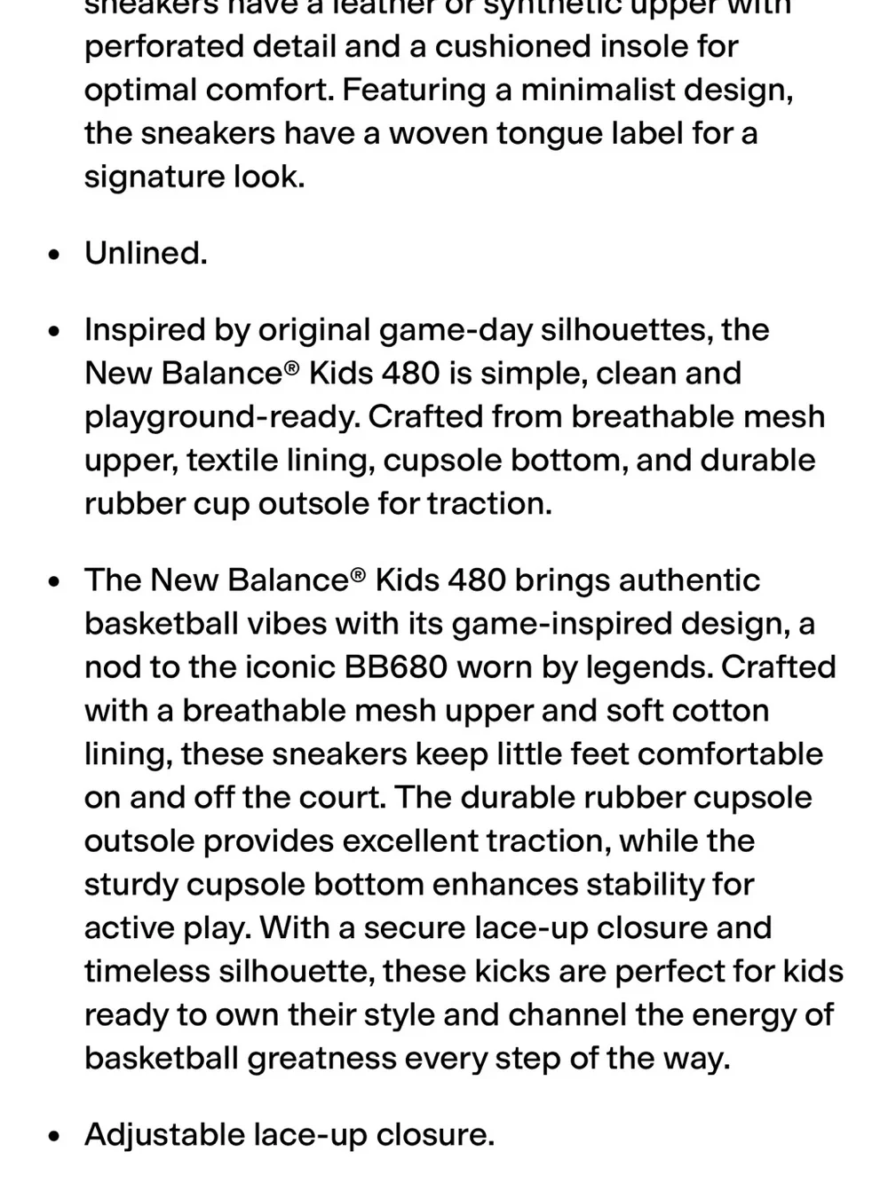 New Balance Kids 480 Black and White Leather Perforated Sneakers